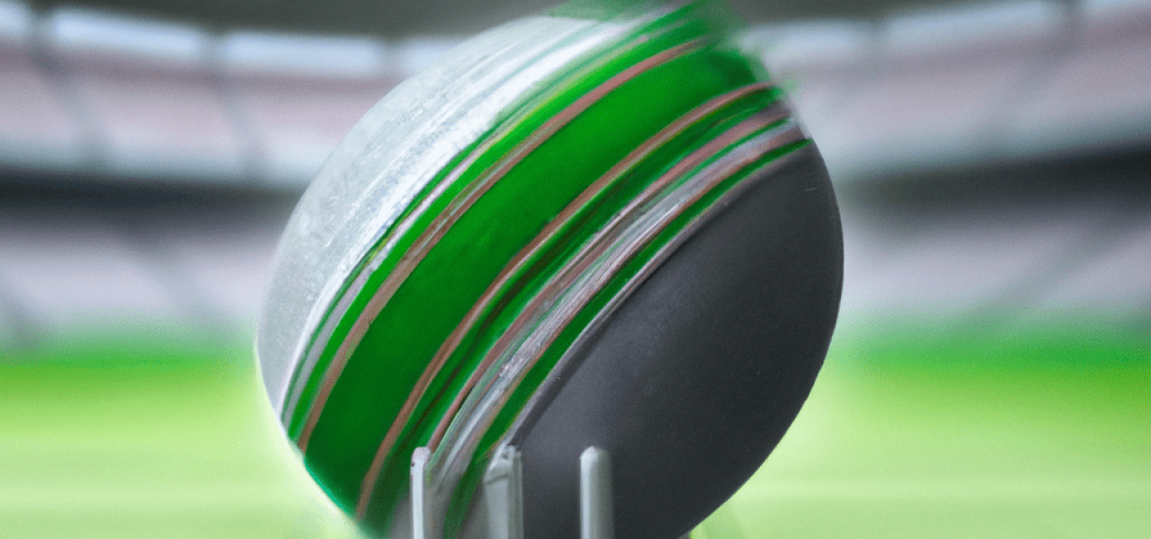 DALL·E 2023-02-09 09.24.19 - 3d render of a cricket ball spinning with a green cricket stadium in the background